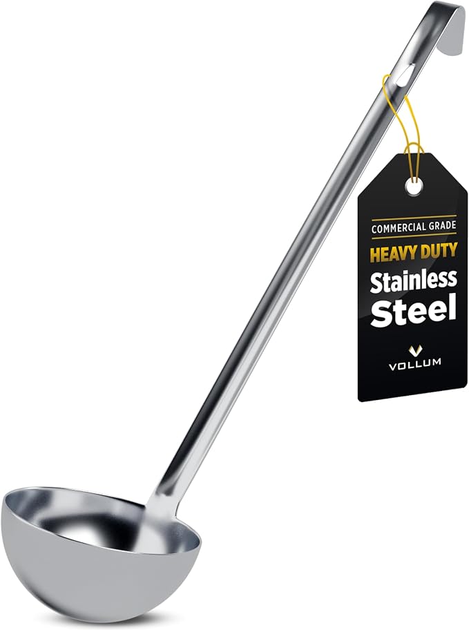 Vollum 1-Piece Stainless Steel Ladle - Heavy Duty Commercial Thick Stainless Steel - 8 Ounce (3.9" Bowl Diameter, 15.1" Handle Length)