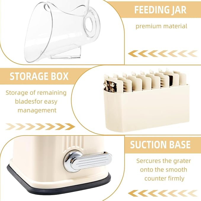 Rotary Cheese Grater with Handle, Vegetable Shredder with 5 Replaceable Blades & Strong Suction Base, Round Food Slicer & Chopper for Kitchen Fruit Vegetables Nuts with Blade Storage Box (Beige)