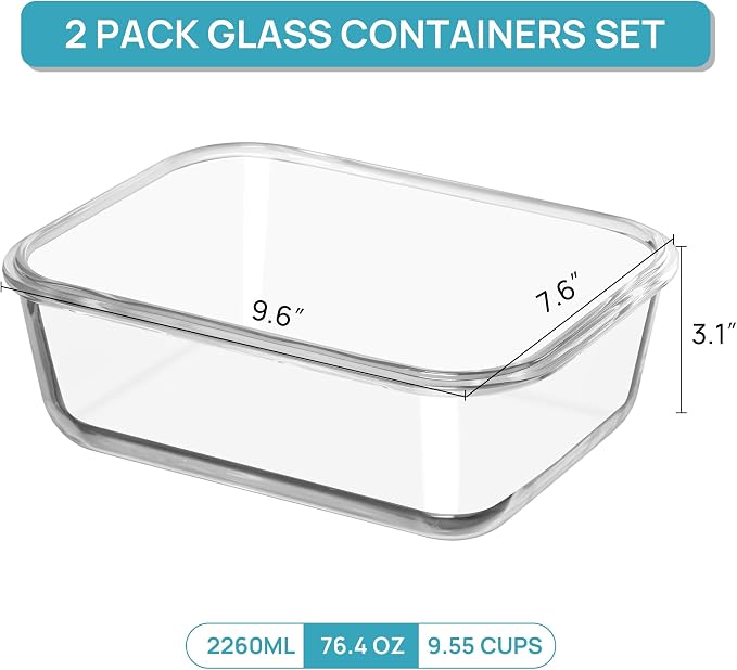 Vtopmart 2Pack 2260ml/76.4oz Extra Large Glass Storage Containers, Pink | Meal Prep Food Container Set with Snap Airtight Lids, Microwave, Oven, Freezer, Dishwasher Safe, Baking, BPA Free
