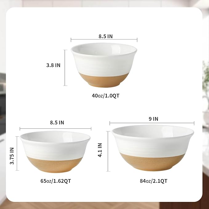 HASENSE Mixing Bowls, Large Ceramic Salad Bowls 2.1/1.5/1.0 Qt, Versatile Serving Bowls for Cooking, Baking, Salad Mixing, Prepping, Nesting White Bowl Set, Dishwasher Safe, Set of 3