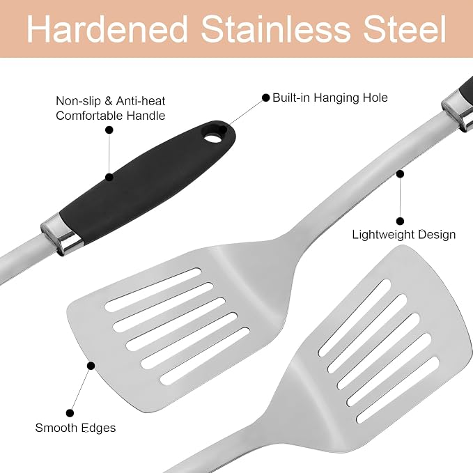 3 Piece Stainless Steel Cooking Utensils Set, Metal Slotted Spoon, Slotted Turner Spatula and Skimmer Set for Cooking, Frying, Serving, Dishwasher Safe