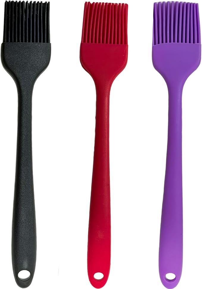 Pastry Brush For Baking,Silicone Basting Brush For Cooking,315°C Heat Resistant Food Brush for Oil & Sauce,Non-Shedding for Kitchen Butter Bread Meat Egg Wash Cake Baster(3pc Red Black Purple)