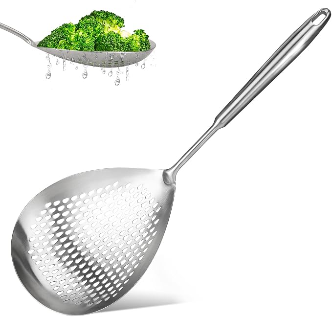 Skimmer Slotted Spoon, Length 17.3 in Diameter 7.5 in Pasta Strainer/Frying Spoon for Kitchen and Colander, Top-notch Steel Spider Strainer/oil strainer for Cooking