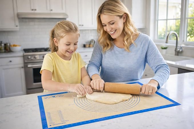 Silicone Pastry Mat with Measurements, 28 x 20 Inch Extra Thick Non-Slip Nonstick XL Baking Mat for Dough Rolling, Kneading, Fondant and Pie, Blue