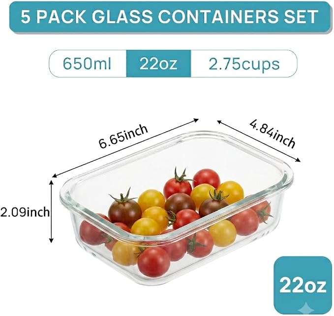 Vtopmart 5Pack 22oz Glass Storage Containers with Lids, Green | Glass Meal Prep Food Container Sets, Snap Airtight Lid, For Microwave, Oven, Freezer and Dishwasher, BPA Free