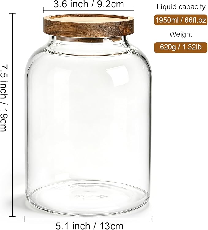 Bekith 2 Pack Large Glass Food Storage Jar with Airtight Wooden Lid, 66 FL OZ(1950ml) Glass Food Canister for Kitchen and Pantry Organization, Storage Containers for Coffee, Rice, Sugar, Flour