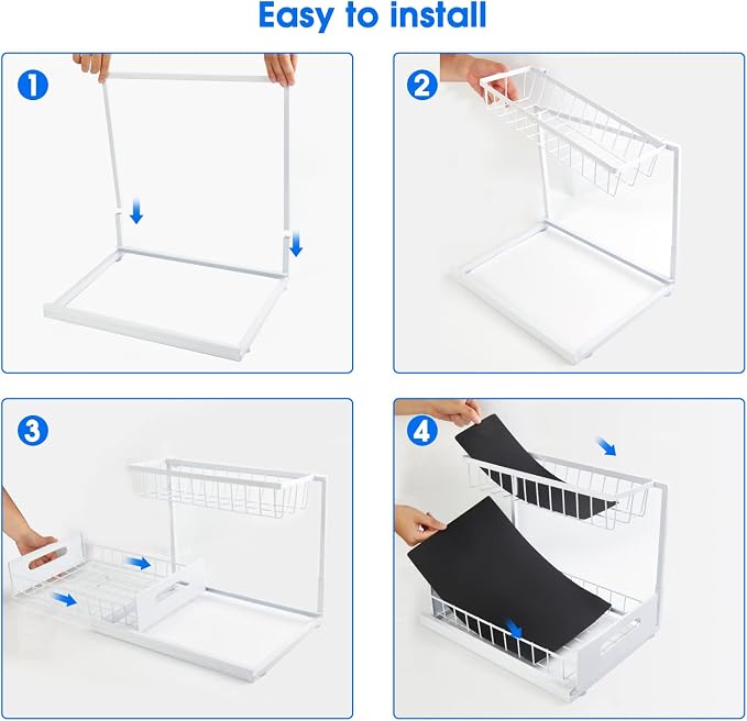 2 Pack Under Sink Organizer, 2 Tier Pull-Out Cabinet Storage Shelf, Rust-Resistant Metal Organizer for Kitchen Bathroom Laundry Room, No Tools Installation, White