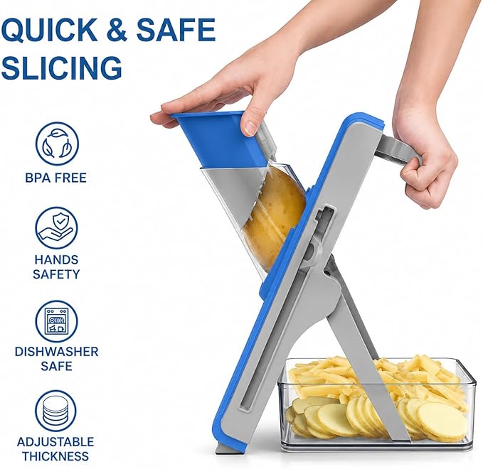 Eletronova Safe Mandoline Slicer for Kitchen, Vegetable Slicer with Container, French Fry Cutter, All in 1 Julienne Slicer for Potato, Thickness Adjustable, Detachable Blade (Dark blue)