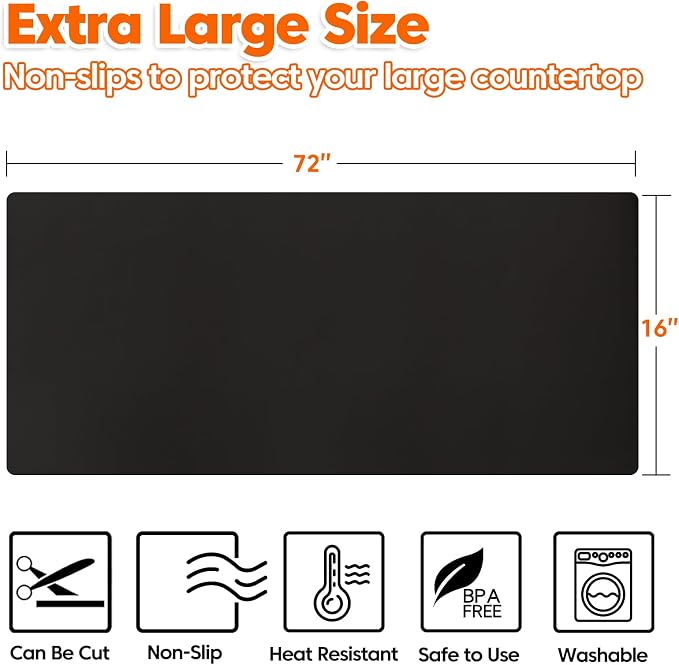 Large Silicone Mat, 72”x16” Heat Resistant Mats for Countertop, Cuttable Waterproof Kitchen Counter Mat, Multipurpose Countertop Protector Mat, Silicone Mats for Kitchen Counter (Black)