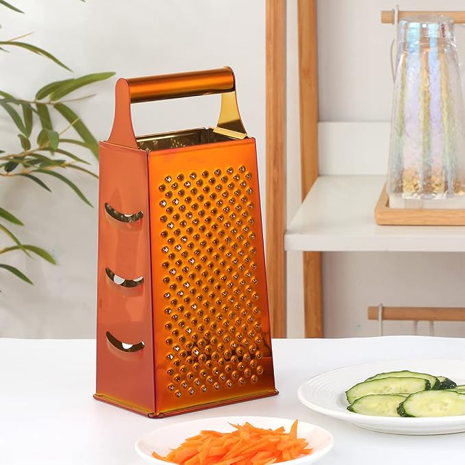 Handheld Cheese Grater Box for Kitchen, Stainless Steel 4 Sided Cheese Grater with Handle for Grinding Shredding & Slicing, Dishwasher Safe (Sunset Red)