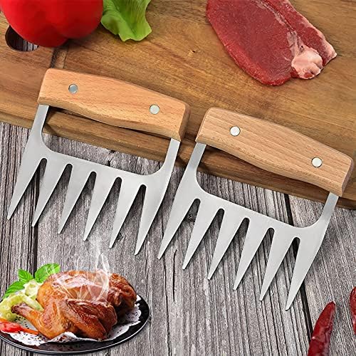Metal Meat Claws Bear Claws Wooden Handle Stainless Steel Meat Forks Kitchen Gadgets for Shredding,Pulling,Turkey,Chicken, Stainless steel Silver