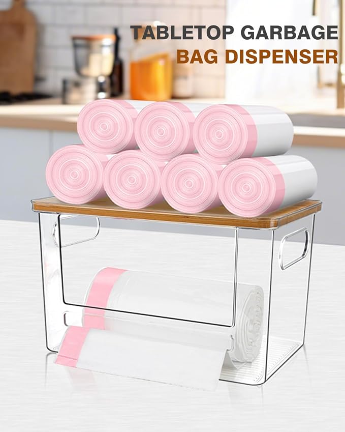 Trash Bag Holder, Acrylic Garbage Bag Dispenser with Bamboo Top | Extra Large Trash Bags Dispenser Under Sink for Kitchen, Pantry, Laundry Room, Cabinet Organizer and Storage (1 PACK)