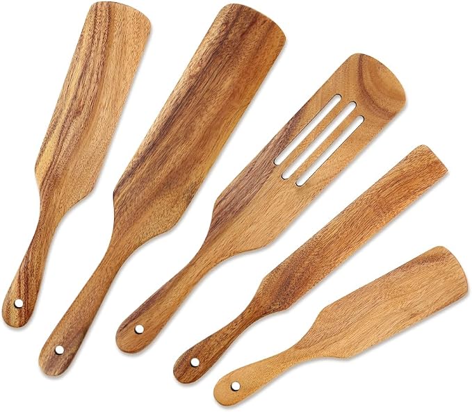 Wooden Spurtle Set As Seen On TV, AOOSY 5 Pcs Natural Acacia Wood Spatula Kitchen Tools Utensil Set Heat Resistant Non Stick Wood Cookware, Slotted Spatula for Stirring
