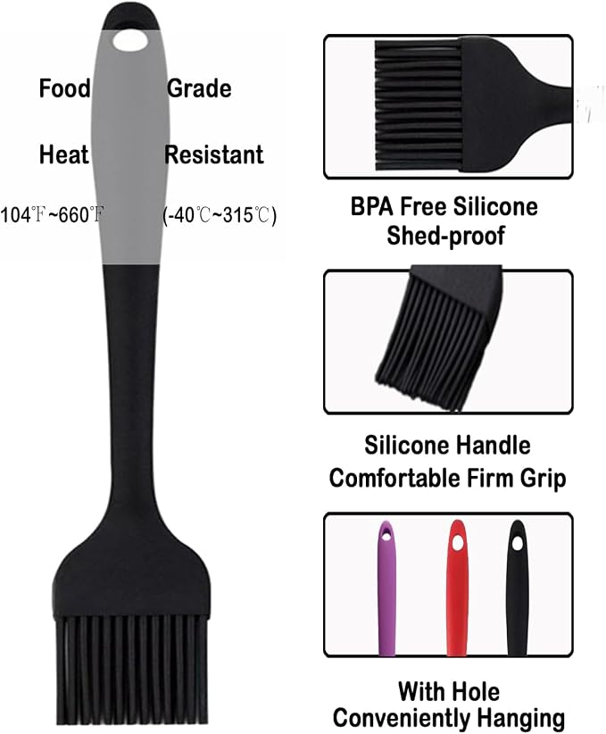 Pastry Brush For Baking,Silicone Basting Brush For Cooking,315°C Heat Resistant Food Brush for Oil & Sauce,Non-Shedding for Kitchen Butter Bread Meat Egg Wash Cake Baster(3pc Red Black Purple)