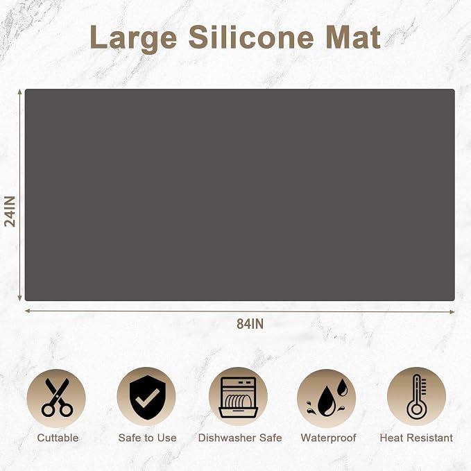 84''x24'' Large Silicone Mat for Kitchen Counter, Non-Slip Heat Resistant Countertop Protector, Waterproof Multipurpose Mat for Kitchen Island, Semitransparent
