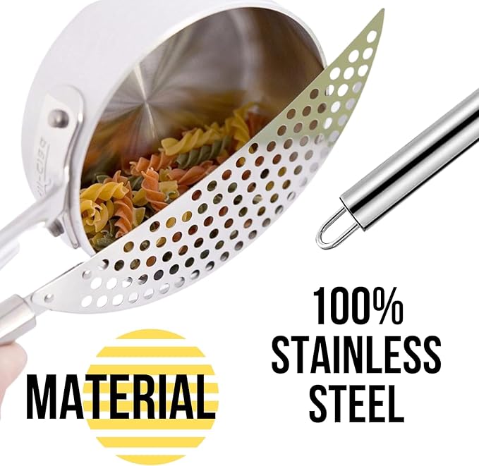 Pack of 2 Held Crescent Drainer Pan Pot Strainer with Handle Stainless Steel Hand for Spaghetti Fry Noodles Fruit Vegetable Pasta Strainer Colander Heavy Duty Food Drainers