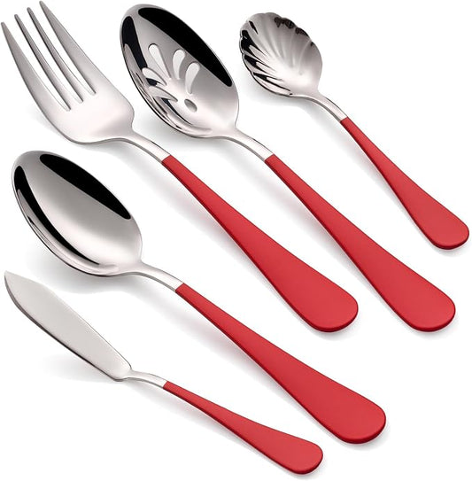 10 Pieces Red Serving Set, 18/0 Stainless Steel Hostess Set, Slotted Serving Spoon, Salad Spoon/Fork, Butter Knife, Two Color Combinations Set, Dishwasher Safe
