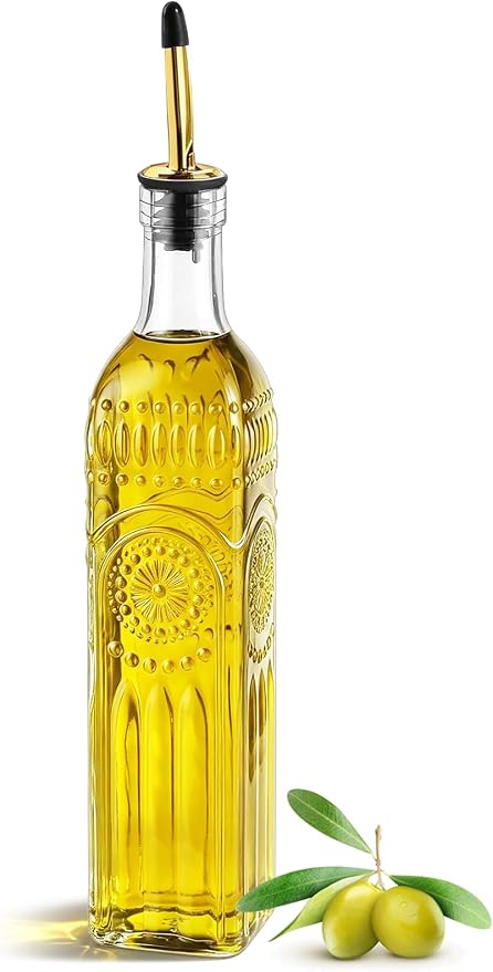 1 Pcs Olive Oil Dispenser Bottle for Kitchen,17oz Clear Glass Cooking Oil and Vinegar Dispenser Set, Coffee Syrup Dispenser with 1 Pourers and 1 Funnel (One square)