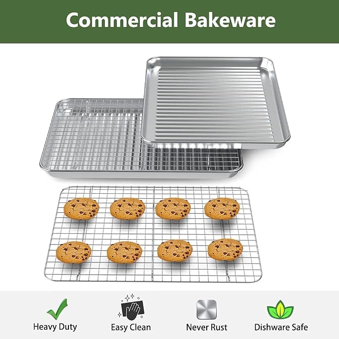 Baking Sheet with Cooling Wire Rack Set, Stainless Steel 2 Pans + 2 Racks | 16x12x1 Inches Baking Sheet Pan with Nonstick, Warp Resistant, Heavy Duty Design for Baking, Roasting, and Cooking