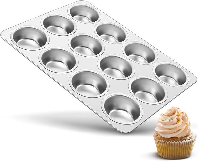TeamFar 12-Cup Muffin Pan, Stainless Steel Muffin Tin | Metal Cupcake Baking Pan for Oven, Regular Size & Non Toxic, Easy Clean & Dishwasher Safe