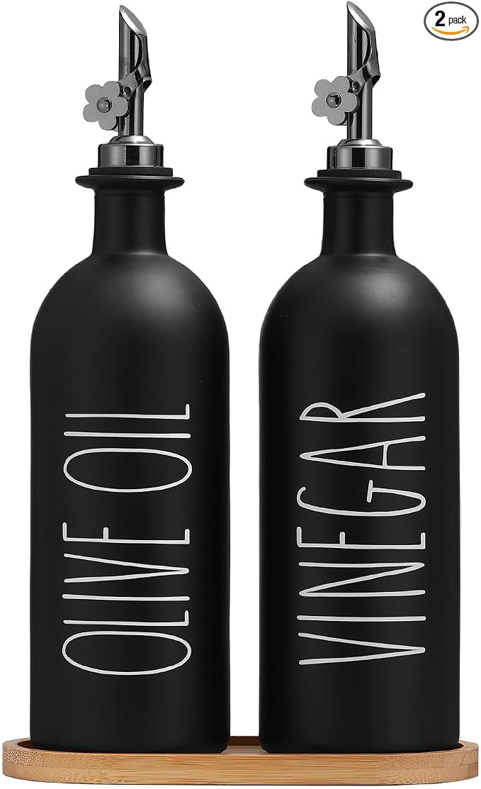 HOMCDALY 16oz Olive Oil Dispenser Bottles for Kitchen, Glass Black Oil&Vinegar Dispenser Set, Kitchen Olive Oil Bottles with Bamboo Tray| Set of 2 (16oz-P-Black)