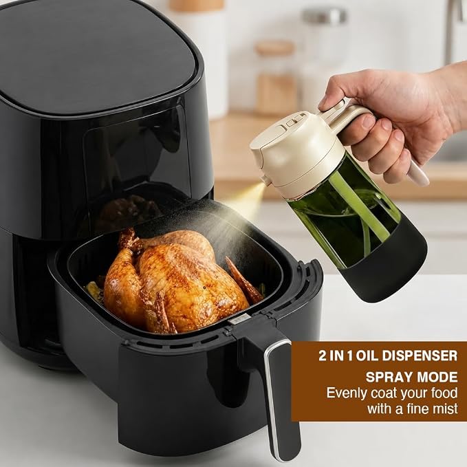 2-in-1 Oil Sprayer Dispenser, 16oz UV-Blocking Glass, Non-Slip | Extra Stability, Easy Refill, Refined Aesthetic