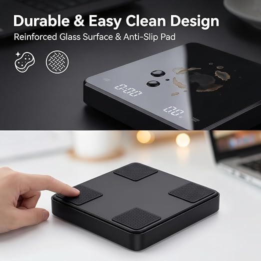 Partyreal Digital Kitchen Coffee Scale, Slim Scale with Tare, g/oz/ml Units, Backlit Display, USB-C Rechargeable (Cable Included) + AAA Backup Power Black