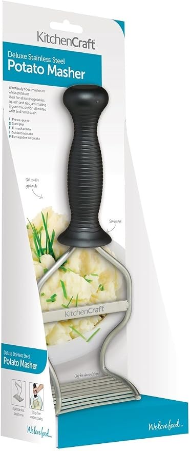 KitchenCraft Ergonomic Stainless Steel Potato Masher, 27 cm (1.5, Black