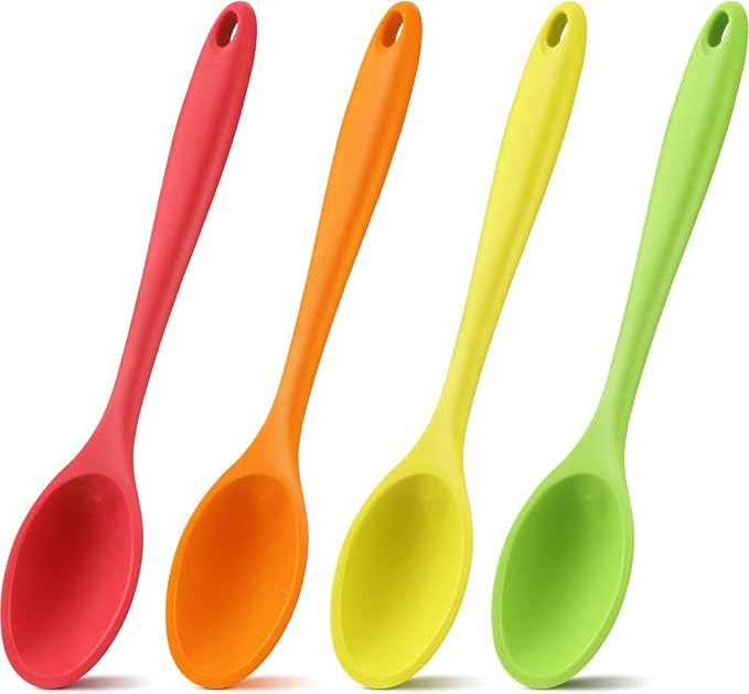 Shappy 4 Pieces Silicone Cooking Spoons 10.6 Inch Heat Resistant Kitchen Spoons for Mixing, Serving and Stirring Upgrade Large Non Stick Basting Utensils, Dishwasher Safe(Spoon,Bright Color)