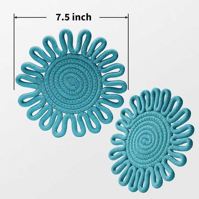 Kitchen Trivets for Hot Dishes Potholders for Countertop Hot Pads Hot Mats or Trivets for Hot Pots and Pans Home Essentials Boho Farmhouse Kitchen Decor Set of 3, 100% Cotton,7.5" (Turquoise)