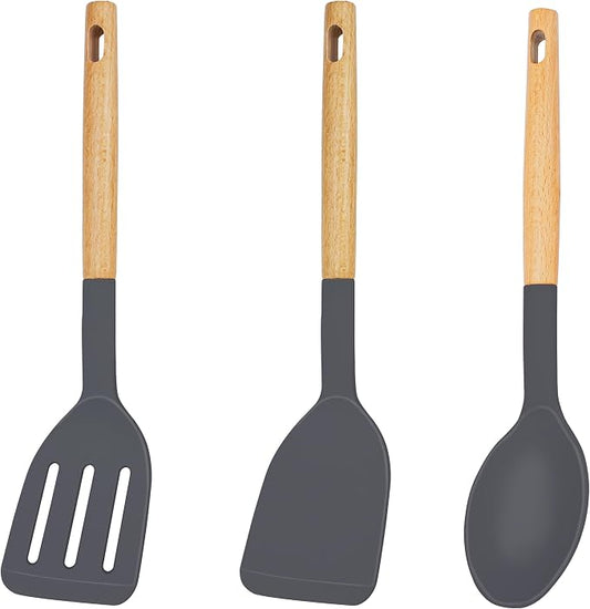 Silicone Spatula Set Spatulas Silicone Heat Resistant for Nonstick Cookware, Large Rubber Slotted Solid Turner Spoon for Kitchen Use Cooking Utensils Set Wooden Handle Grey