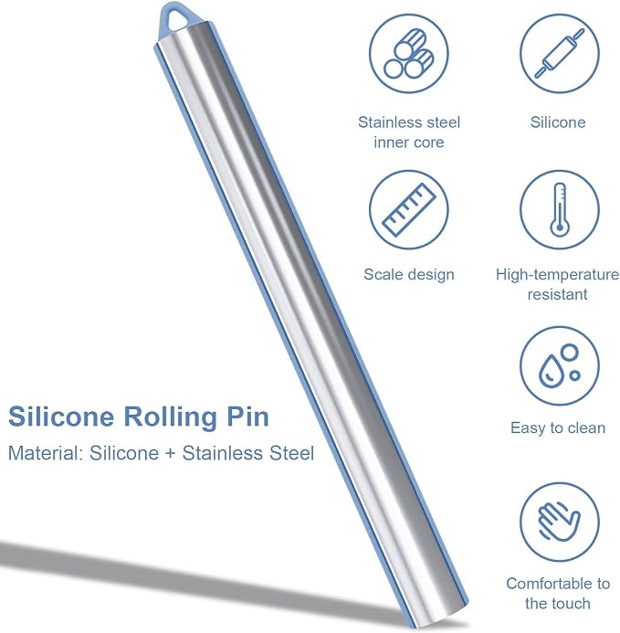 Non Stick Dough Roller Pins for Baking,Silicone Rolling Pin with Steel Core 10.39"/26.4cm (Blue)