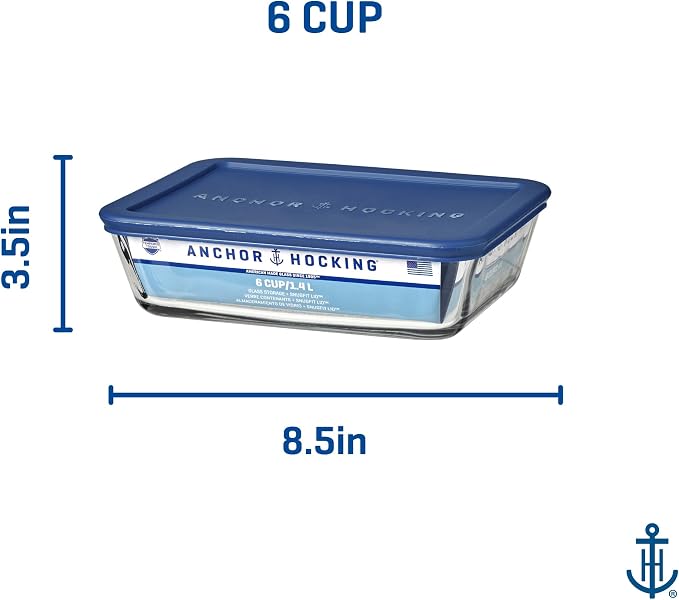 Anchor Hocking SnugFitTM Rectangular Food Storage Containers with Lids (4-Piece, 6-cup, Navy Blue, oven-safe)