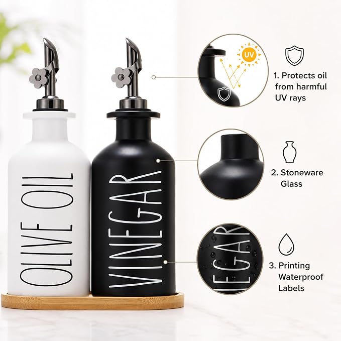 HOMCDALY Premium Olive Oil Dispenser for Kitchen, 11.8oz Glass Oil Bottles with Bamboo Tray, Oil&Vinegar Cruet Set, Kitchen Dispenser Bottles with Pourer | Set of 2 (11.8oz –P–Black&White)