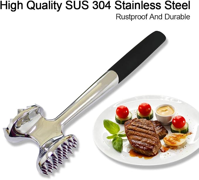 FUNRUI 1 Piece/Set Meat Hammer Tenderizer Heavy Duty Metal Stainless Steel Steak Meat Pounder Mallet Double-Sided Restaurant Home Kitchen Tool, Silver