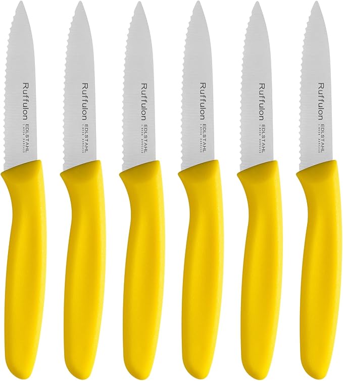 Stainless Steel Paring Knife With Serrated Blade, 6 Pieces Set Vegetable and Fruit Knife, Ultra Sharp Small Kitchen Knife, Yellow Paring Knives with PP Plastic Ergonomic Handle.