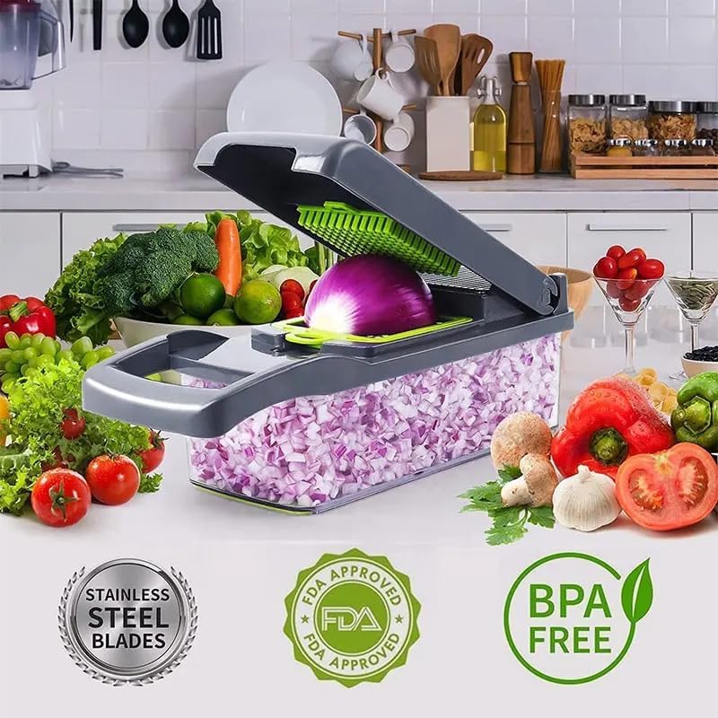 Multi-Function 12-in-1 Vegetable Chopper Cutter - Spiralizer and Slicer with Storage Container, Onion Chopper and Onion Mincer, Cutter, Egg, Veggie Chopper, Cheese Grater, Strawberry Slicer