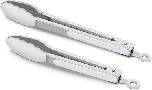 2 Pack Silicone Kitchen Tongs – 9" & 12" Set, Heat Resistant up to 500°F, Non‑Stick Cookware Safe, Wavy Silicone Tips, BPA Free, Locking Clip & Hanging Loop, Light Grey