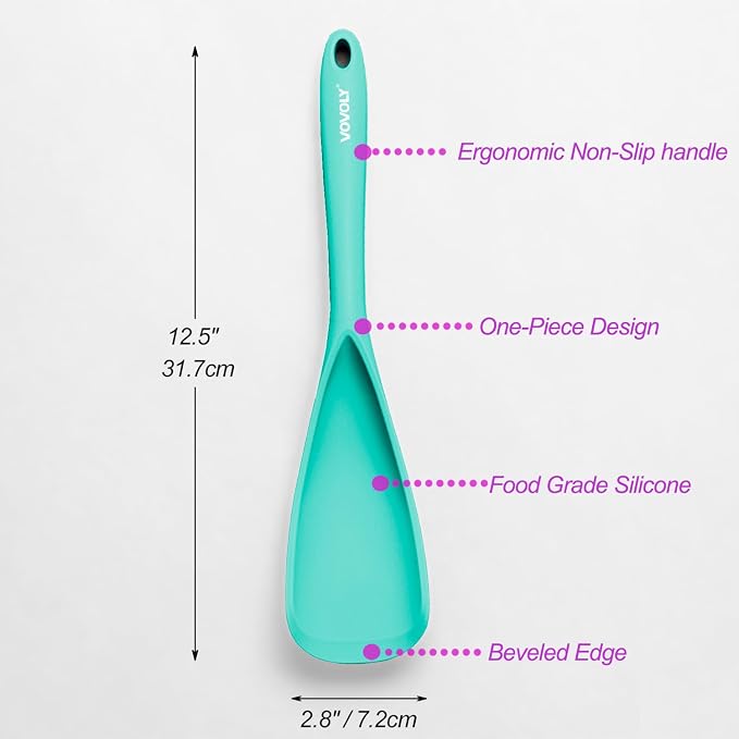 Cooking Spoon for Nonstick Cookwares, VOVOLY Silicone Spoon for Mixing, Scoop, and Scrape,Seamless Design, 12.6'', 2 Pack, Teal