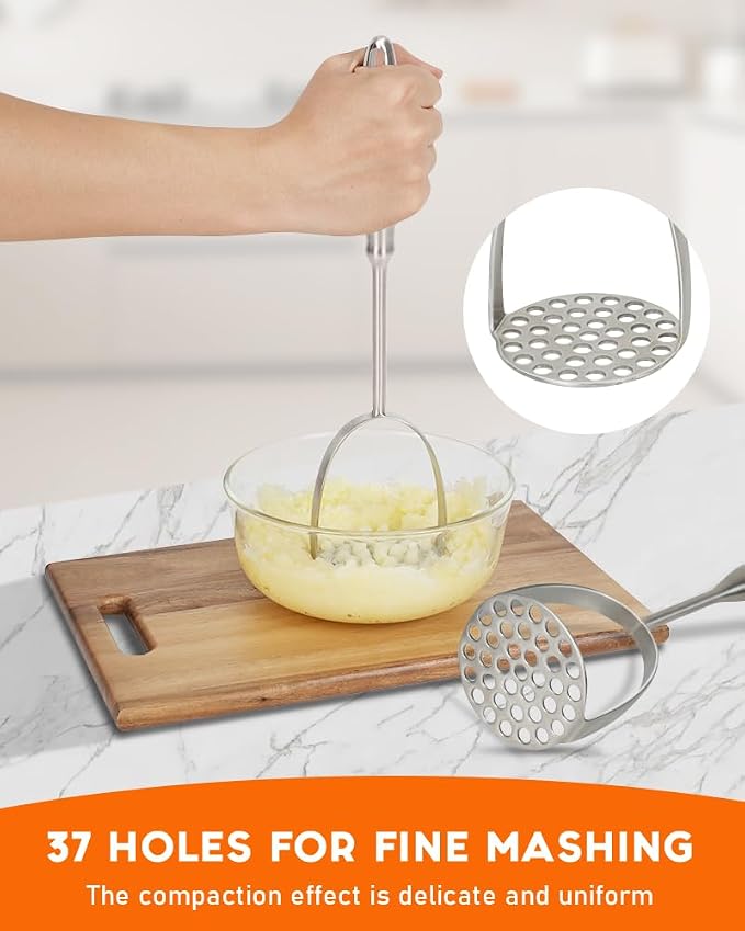 Brigii Potato Masher, Dual-Arc Stainless Steel Potato Press with Non-Slip Handle, 37-Hole One-Piece Masher for Smooth, Lump-Free Mashing, Dishwasher Safe