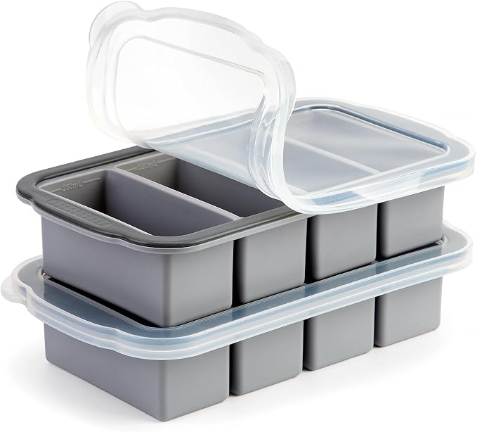 Extra Large Silicone Cube Freezing Trays with Lid - 1 Cup Portions, Makes Four Great Soup, Broth, Sauce or Butter Trays - 2 Pack, Grey