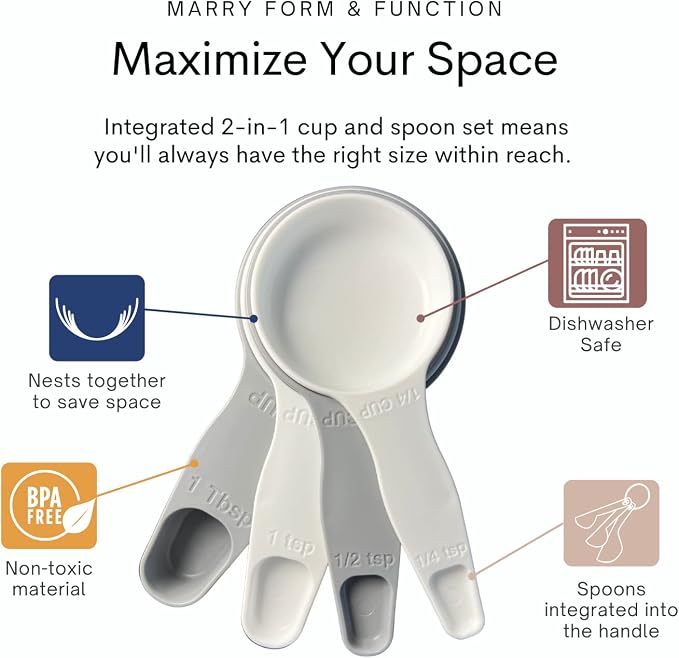 Storage Theory 2-in-1 Measuring Cups & Spoons Set (4-Piece) - Nesting Space-Saving Kitchen Gadget - BPA-Free Food Grade Plastic - Dishwasher Safe for Baking, Cooking, Coffee - White/Gray