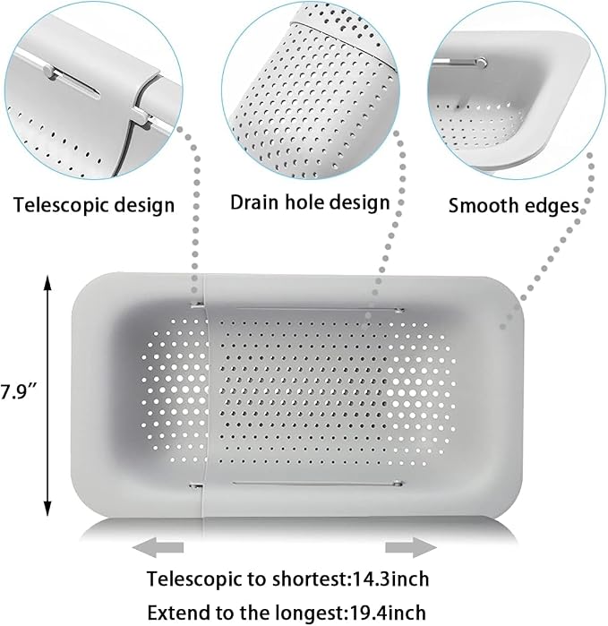 KesaPlan Collapsible Sink Colanders and Strainers Basket Over the Colander Extendable Plastic Fruit Vegetable Strainer Drainer for Kitchen(Length 14.3-19.4inch)(White Set of 2)
