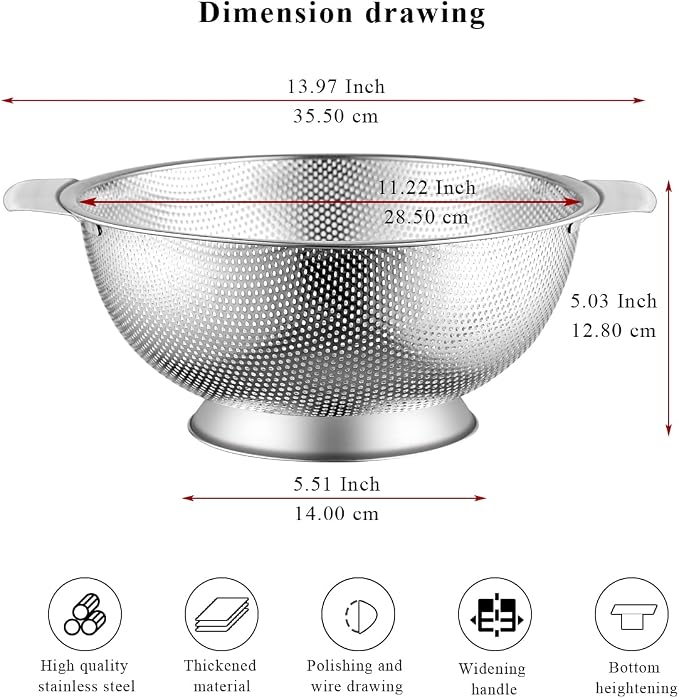 Kyraton Stainless Steel Colander 5 Quart, Professional Strainer with Heavy Duty Handles and Self Draining Solid Ring Base for Pasta, Spaghetti, Berry, Veggies, Fruits, Noodles, Salads Dishwasher Safe