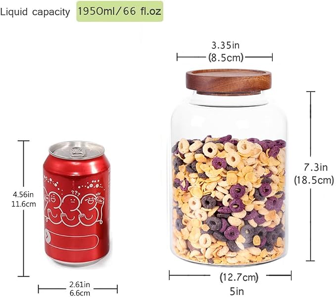 LEAVES AND TREES Y Thicken Glass Storage Jar, Food Storage Container/Canisters with Airtight Wooden Lid for Tea, Coffee, Honey, Cacao Powder,BPA Free Perfect as a Cereal Dispenser (7.6inch 2pcs)
