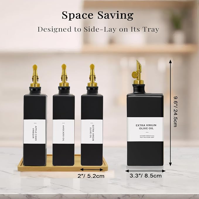 Olive Oil Dispenser Bottle for Kitchen with Bamboo Tray- Glass Oil and Vinegar Dispenser Set 16.9oz, Soy Sauce & Syrup Bottle, Modern Hostess Gift (Black, 16.9oz, Set of 3)