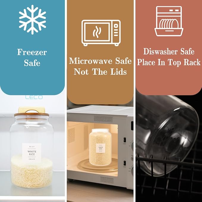 2 Pack Large Glass Flour and Sugar Containers with 132 Pantry Labels - 1 Gallon Glass Canisters with Bamboo Airtight Lids - Farmhouse Glass Cookie Jars for Rice, Pasta, Cereal, Bath Salt