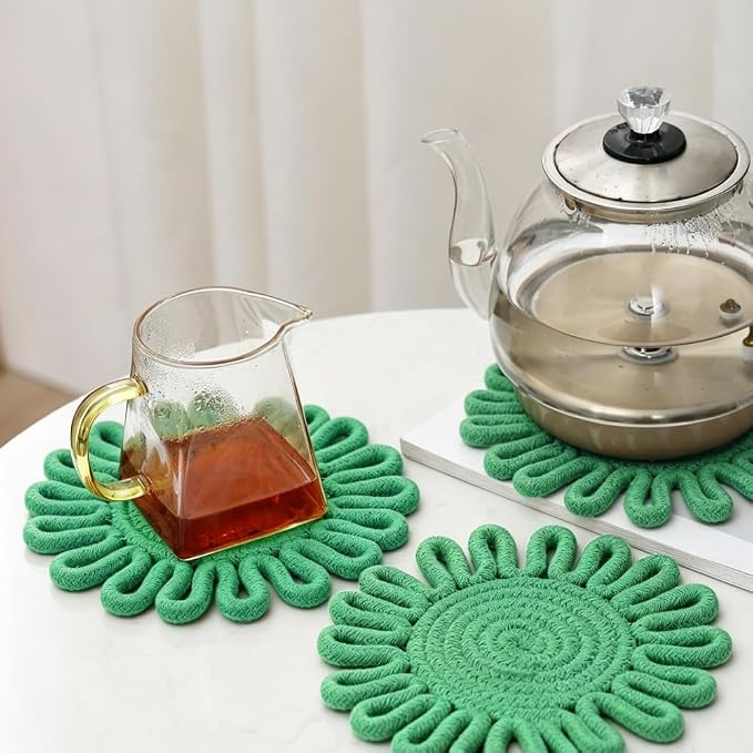 Kitchen Trivets for Hot Dishes Potholders for Countertop Hot Pads Hot Mats or Trivets for Hot Pots and Pans Home Essentials Boho Farmhouse Kitchen Decor Set of 3, 100% Cotton,7.5" (Grass Green)
