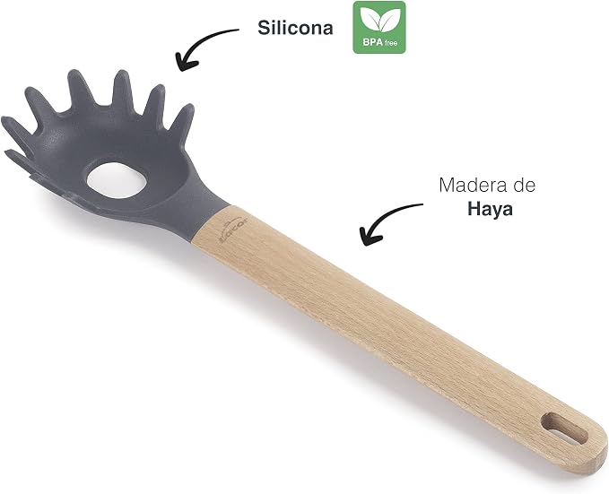 Lacor Unite 68189 Silicone Pasta Spoon, Professional Spaghetti Server, Beech Wood Handle, Does Not Damage the Pan, High Temperature Resistant, BPA Free, 32.5 cm, Grey