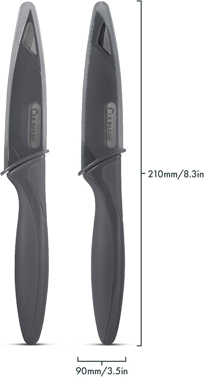 CULINARE 2 Piece Knife Set, Grey, Stainless Steel, 9cm Ultra Sharp Blades, 2 x Kitchen Knives with Protection Covers, Smooth Cutting/Firm Grip/Non-Slip Handle, Dishwasher Safe